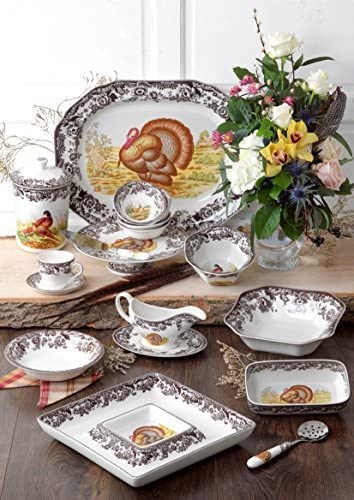 Spode Woodland 15.25" Bread Tray with Turkey Motif | Turkey Serving Platter for Thanksgiving, Dinner Parties, and Events | Made from Fine Porcelain | Microwave and Dishwasher Safe