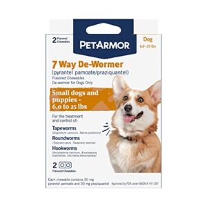 petarmor 7 way de-wormer for dogs, oral treatment for tapeworm, roundworm & hookworm in small dogs & puppies (6-25 lbs), worm remover (praziquantel & pyrantel pamoate), 2 flavored chewables