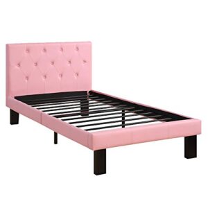 benjara faux leather upholstered twin bed with tufted headboard, pink