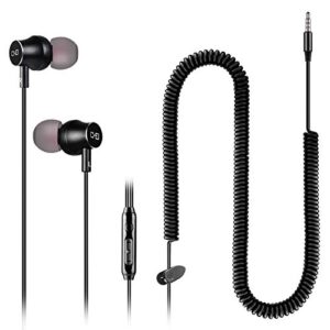 [2021 updated] extra long earbuds for tv & pc, with 12ft spring coiled extension cable, volume control & mic, in-ear wired headphones for 3.5mm audio output devices, changeek cgs06