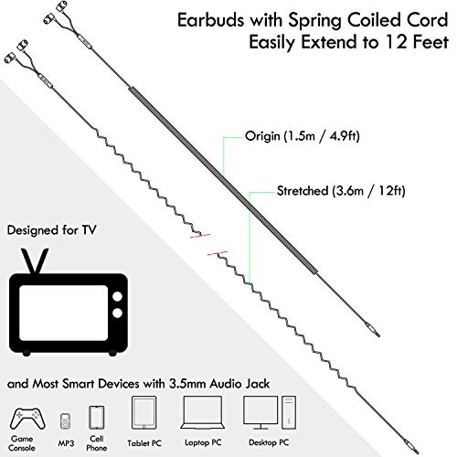 [2021 Updated] Extra Long Earbuds for TV & PC, with 12FT Spring Coiled Extension Cable, Volume Control & Mic, in-Ear Wired Headphones for 3.5mm Audio Output Devices, ChanGeek CGS06