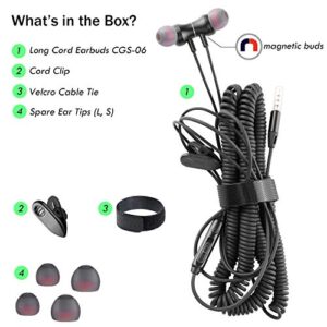 [2021 Updated] Extra Long Earbuds for TV & PC, with 12FT Spring Coiled Extension Cable, Volume Control & Mic, in-Ear Wired Headphones for 3.5mm Audio Output Devices, ChanGeek CGS06