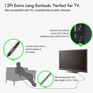 [2021 Updated] Extra Long Earbuds for TV & PC, with 12FT Spring Coiled Extension Cable, Volume Control & Mic, in-Ear Wired Headphones for 3.5mm Audio Output Devices, ChanGeek CGS06