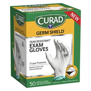 curad shield nitrile exam gloves, disposable gloves are tear resistant, one size fits most (50 count), can be used as medical gloves, cleaning gloves, or for home improvement tasks