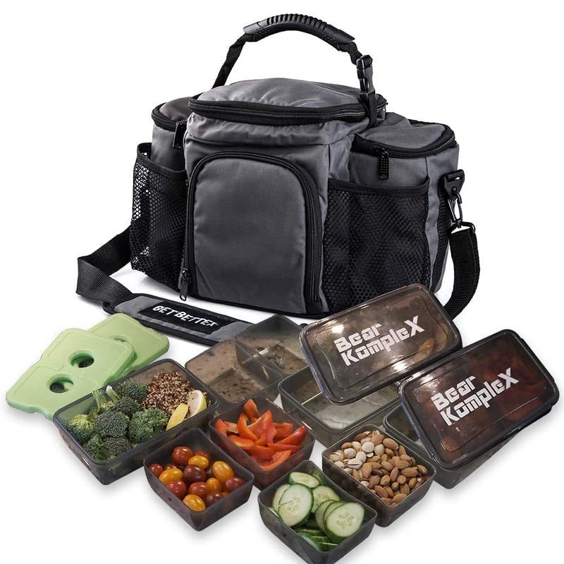 Bear KompleX Insulated Meal Prep Management Lunch Bag, 6 Compartment Lunch Box Cooler Tote with 3 Microwave Dishwasher Safe Portion Control Containers, Reusable Ice Pack, Free Recipe E-Book Included