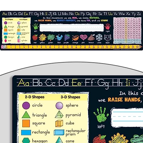 Really Good Stuff 24PK Chalkboard-Style Grades K-2 Self-Adhesive Deluxe Plastic Desktop Reference Nameplate with a Number line, Alphabet Letters, 2-D and 3-D Shapes, Colors, Left and Right, 120 Grid