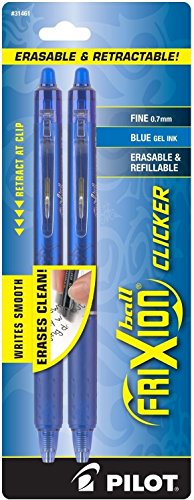 Pilot FriXion Clicker Retractable Erasable Gel Pens, Fine Point, Blue Ink, 6-Pack (31461) with 6 Blue Ink Refills