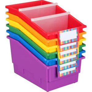 really good stuff chapter book library bins with dividers, 8¾" x 13½" x 7¾" - 6 pack, group color | plastic shelf bin organizer for classroom library, book organization, documents, files, magazines