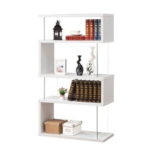 bowery hill cool modern 4 shelf asymmetrical snaking s-shape bookcase in glossy white and glass