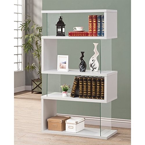 BOWERY HILL Cool Modern 4 Shelf Asymmetrical Snaking S-Shape Bookcase in Glossy White and Glass