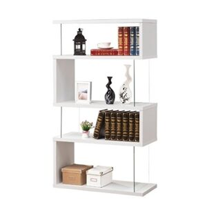 BOWERY HILL Cool Modern 4 Shelf Asymmetrical Snaking S-Shape Bookcase in Glossy White and Glass