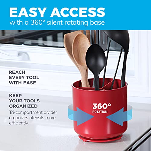 Extra Large Rotating Red Utensil Holder with Sturdy No-Tip Weighted Base, Removable Divider, and Gripped Insert | Rust Proof and Dishwasher Safe Kitchen Utensils Holder by Cooler Kitchen 7*7 Inches