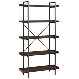 walker edison 5 shelf industrial wood metal bookcase tall bookshelf storage home office, 68 inch, dark walnut