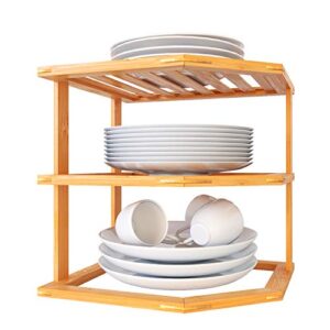 Home Intuition 3-Tier Bamboo Wood Corner Rack for Plates, Mugs Kitchen Pantry Cabinet Storage Shelf, 10" x 10" x 9-1/2"