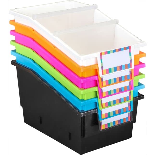 Really Good Stuff Chapter Book Library Bins with Dividers, 8¾" x 13½" x 7¾" - 6 Pack, Neon Pop | Plastic Shelf Bin Organizer for Classroom Library, Book Organization, Documents, Files, Magazines