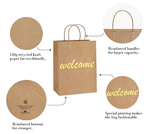 BagDream Brown Kraft Paper Welcome Gift Bags Bulk with Handles 25Pcs 8x4.25x10.5 Inches Shopping Gifts Wedding Bags, Good for Packaging, Retail, Party, Craft, Recycled, Goody and Merchandise Bags