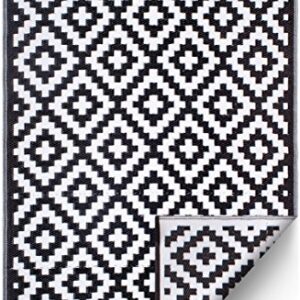 FH Home Outdoor Rug - Waterproof, Fade Resistant, Reversible - Premium Recycled Plastic - Geometric - Porch, Deck, Balcony, Mudroom, Laundry Room, Patio - Aztec - Black & White - 3 x 5 ft