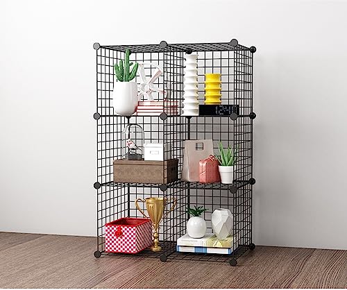 BASTUO Wire Cube Storage Cabinet, 6 Cubes DIY Metal Organizer, Stackable Bookcase Shelf Modular Cube Organizer Rack, Wardrobe Closet for Livingroom, Bedroom, Office, Black