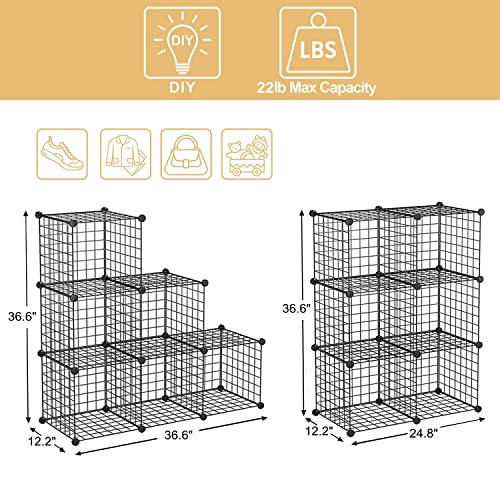 BASTUO Wire Cube Storage Cabinet, 6 Cubes DIY Metal Organizer, Stackable Bookcase Shelf Modular Cube Organizer Rack, Wardrobe Closet for Livingroom, Bedroom, Office, Black