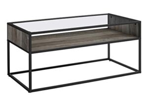 walker edison industrial modern wood rectangle open shelf coffee table living room accent ottoman storage shelf, 40 inch, grey