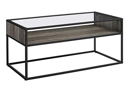 Walker Edison Industrial Modern Wood Rectangle Open Shelf Coffee Table Living Room Accent Ottoman Storage Shelf, 40 Inch, Grey