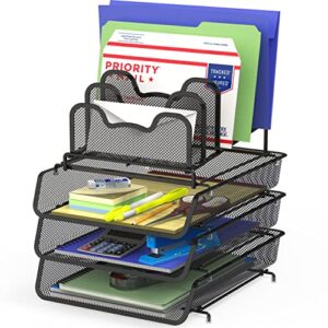 simplehouseware 3-pack stackable desk file document letter tray w/ 5 compartments step file organizer, black