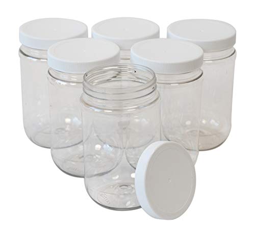 CSBD 16 Oz Clear Plastic Mason Jars With Ribbed Liner Screw On Lids, Wide Mouth, ECO, BPA Free, PET Plastic, Made In USA, Bulk Storage Containers, 6 Pack (16 Ounces)