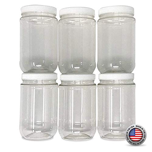 CSBD 16 Oz Clear Plastic Mason Jars With Ribbed Liner Screw On Lids, Wide Mouth, ECO, BPA Free, PET Plastic, Made In USA, Bulk Storage Containers, 6 Pack (16 Ounces)