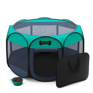 ruff 'n ruffus portable foldable pet playpen + carrying case + travel bowl | available in 3 sizes indoor/outdoor water-resistant removable shade cover