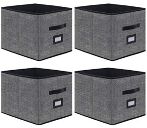 onlyeasy large foldable cloth storage cubes 4 pack with label holders - fabric storage bins baskets organizers for home office nursery cubby with leather handles, 13wx15dx13h inch, black, mxabxl04plp