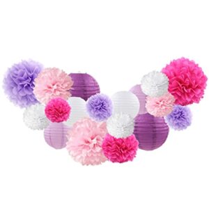 Purple Pink Tissue Paper Flowers Lanterns Decorative Flowers Pom Poms Party Decorations, 18 pcs