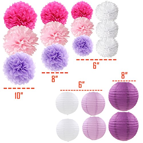 Purple Pink Tissue Paper Flowers Lanterns Decorative Flowers Pom Poms Party Decorations, 18 pcs