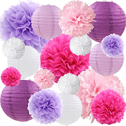 Purple Pink Tissue Paper Flowers Lanterns Decorative Flowers Pom Poms Party Decorations, 18 pcs