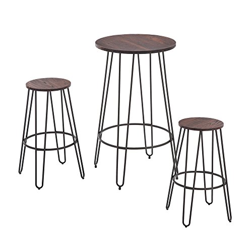 NOBPEINT 3 Piece Bar Table Set 2 Stools Bistro Pub Kitchen Dining Furniture, Rustic Brown