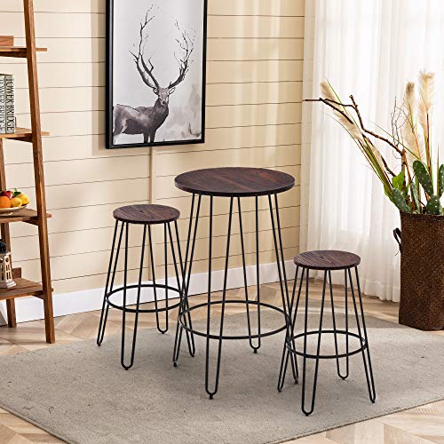 NOBPEINT 3 Piece Bar Table Set 2 Stools Bistro Pub Kitchen Dining Furniture, Rustic Brown