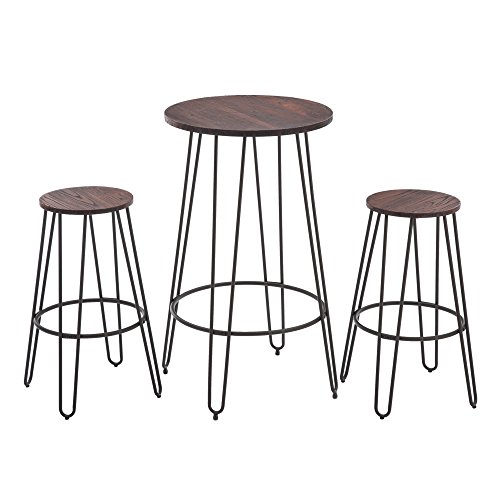 NOBPEINT 3 Piece Bar Table Set 2 Stools Bistro Pub Kitchen Dining Furniture, Rustic Brown