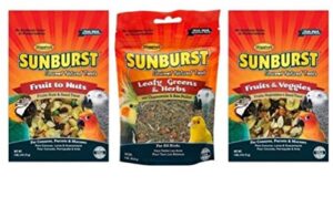 higgins sunburst gourmet bird snacks bird treats 3 flavor variety pack (1) fruit to nuts, (1) leafy greens & herbs, and (1) fruits & veggies, 5 oz. ea. (3 bags total, fast