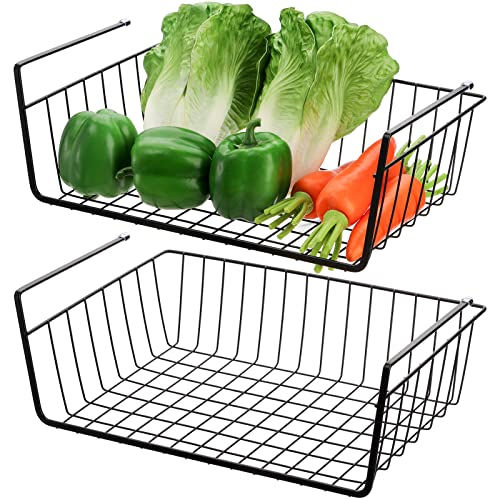 Tebery 2 Pack Black Under Shelf Wire Basket, Hanging Storage Baskets Under Cabinet Add-on Storage Racks, Slide-in Baskets Organizer for Kitchen Pantry Desk Bookshelf