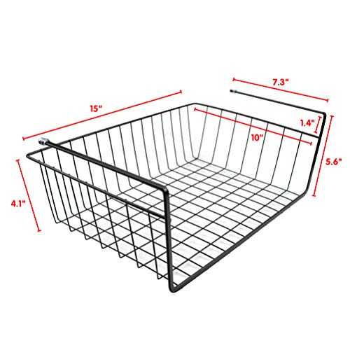 Tebery 2 Pack Black Under Shelf Wire Basket, Hanging Storage Baskets Under Cabinet Add-on Storage Racks, Slide-in Baskets Organizer for Kitchen Pantry Desk Bookshelf