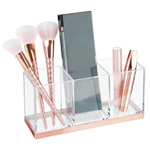 mdesign plastic makeup organizer caddy bin with 3 sections for bathroom vanity countertops or cabinet: stores makeup brushes, eye and lip pencils, lipstick, lip gloss, concealers - clear/rose gold