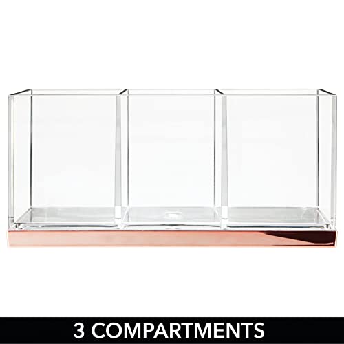 mDesign Plastic Makeup Organizer Caddy Bin with 3 Sections for Bathroom Vanity Countertops or Cabinet: Stores Makeup Brushes, Eye and Lip Pencils, Lipstick, Lip Gloss, Concealers - Clear/Rose Gold