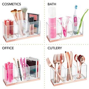 mDesign Plastic Makeup Organizer Caddy Bin with 3 Sections for Bathroom Vanity Countertops or Cabinet: Stores Makeup Brushes, Eye and Lip Pencils, Lipstick, Lip Gloss, Concealers - Clear/Rose Gold