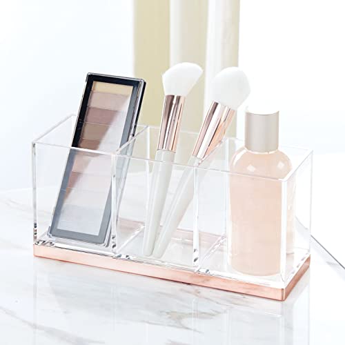 mDesign Plastic Makeup Organizer Caddy Bin with 3 Sections for Bathroom Vanity Countertops or Cabinet: Stores Makeup Brushes, Eye and Lip Pencils, Lipstick, Lip Gloss, Concealers - Clear/Rose Gold