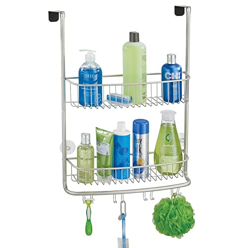 mDesign Extra Wide Stainless Steel Bath/Shower Over Door Caddy, Hanging Storage Organizer 2-Tier Rack with Hook and Basket, Holder for Soap, Shampoo, Loofah, Body Wash, Omni Collection, Matte Satin