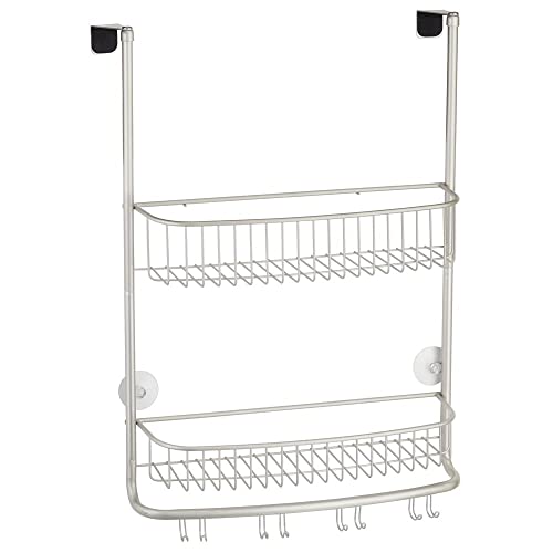 mDesign Extra Wide Stainless Steel Bath/Shower Over Door Caddy, Hanging Storage Organizer 2-Tier Rack with Hook and Basket, Holder for Soap, Shampoo, Loofah, Body Wash, Omni Collection, Matte Satin