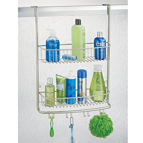 mDesign Extra Wide Stainless Steel Bath/Shower Over Door Caddy, Hanging Storage Organizer 2-Tier Rack with Hook and Basket, Holder for Soap, Shampoo, Loofah, Body Wash, Omni Collection, Matte Satin