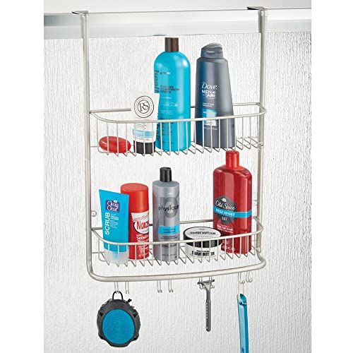 mDesign Extra Wide Stainless Steel Bath/Shower Over Door Caddy, Hanging Storage Organizer 2-Tier Rack with Hook and Basket, Holder for Soap, Shampoo, Loofah, Body Wash, Omni Collection, Matte Satin