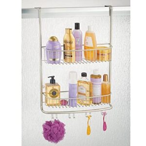 mDesign Extra Wide Stainless Steel Bath/Shower Over Door Caddy, Hanging Storage Organizer 2-Tier Rack with Hook and Basket, Holder for Soap, Shampoo, Loofah, Body Wash, Omni Collection, Matte Satin