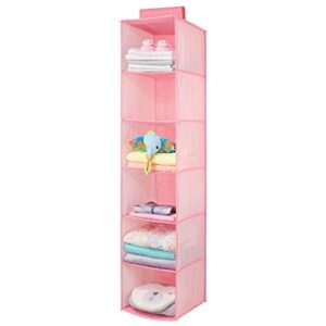 mdesign fabric hanging organizer - over closet rod storage with 6 shelves for baby nursery bedroom organization - hold clothes, linens, toys, accessories - pink herringbone