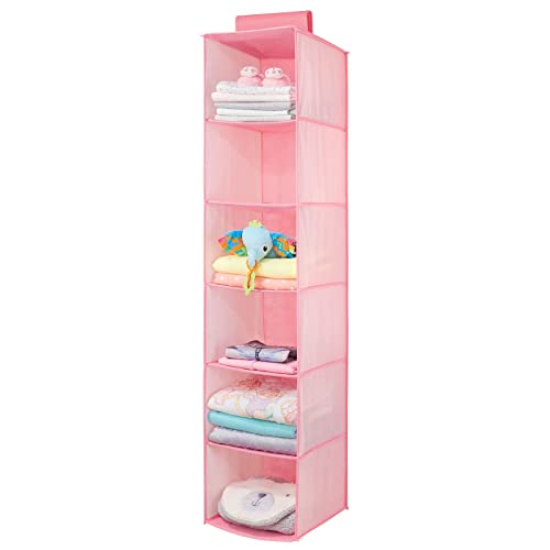 mDesign Fabric Hanging Organizer - Over Closet Rod Storage with 6 Shelves for Baby Nursery Bedroom Organization - Hold Clothes, Linens, Toys, Accessories - Pink Herringbone